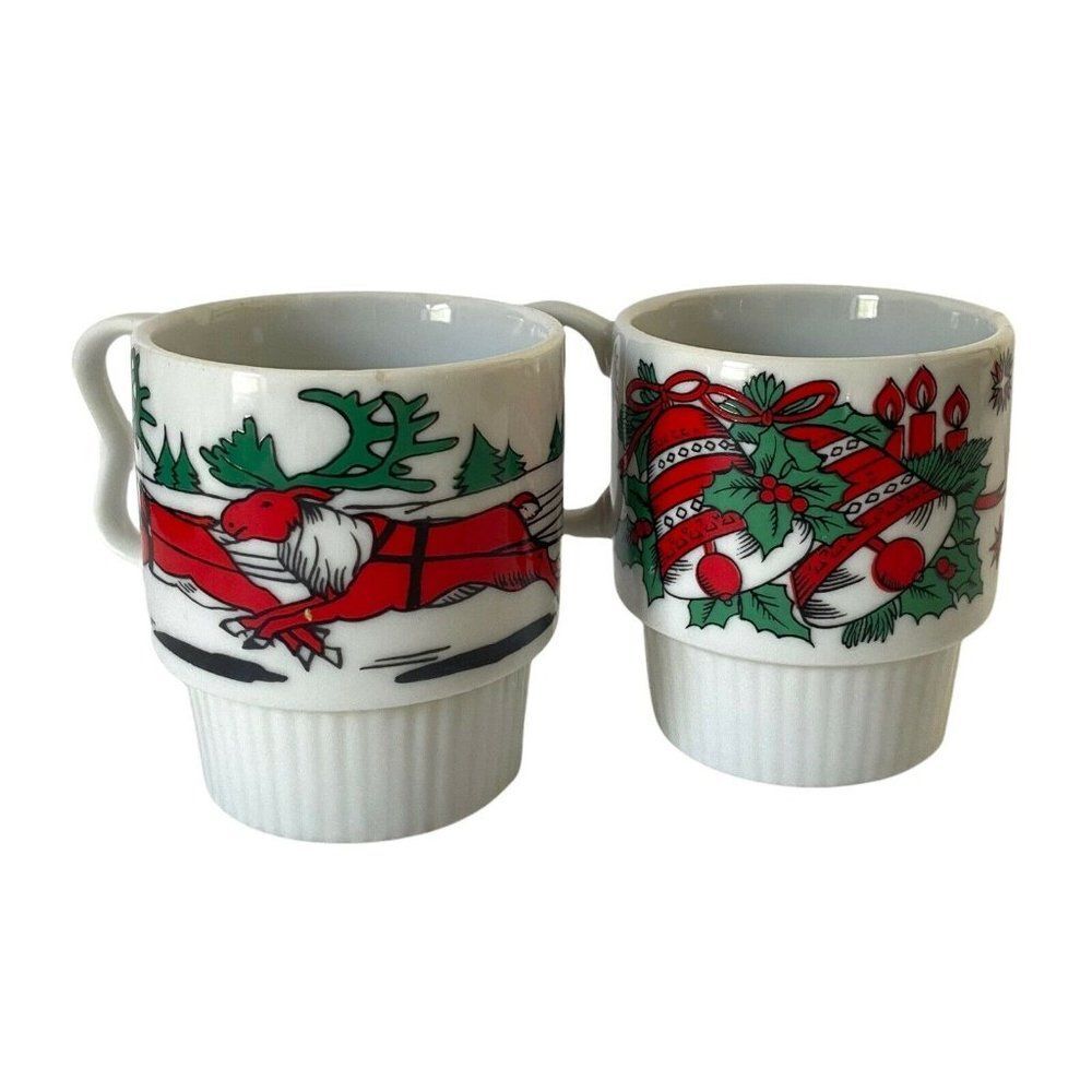 Vintage Set of 2 Porcelain Holiday Festive Design Stack Mugs Christmas Santa